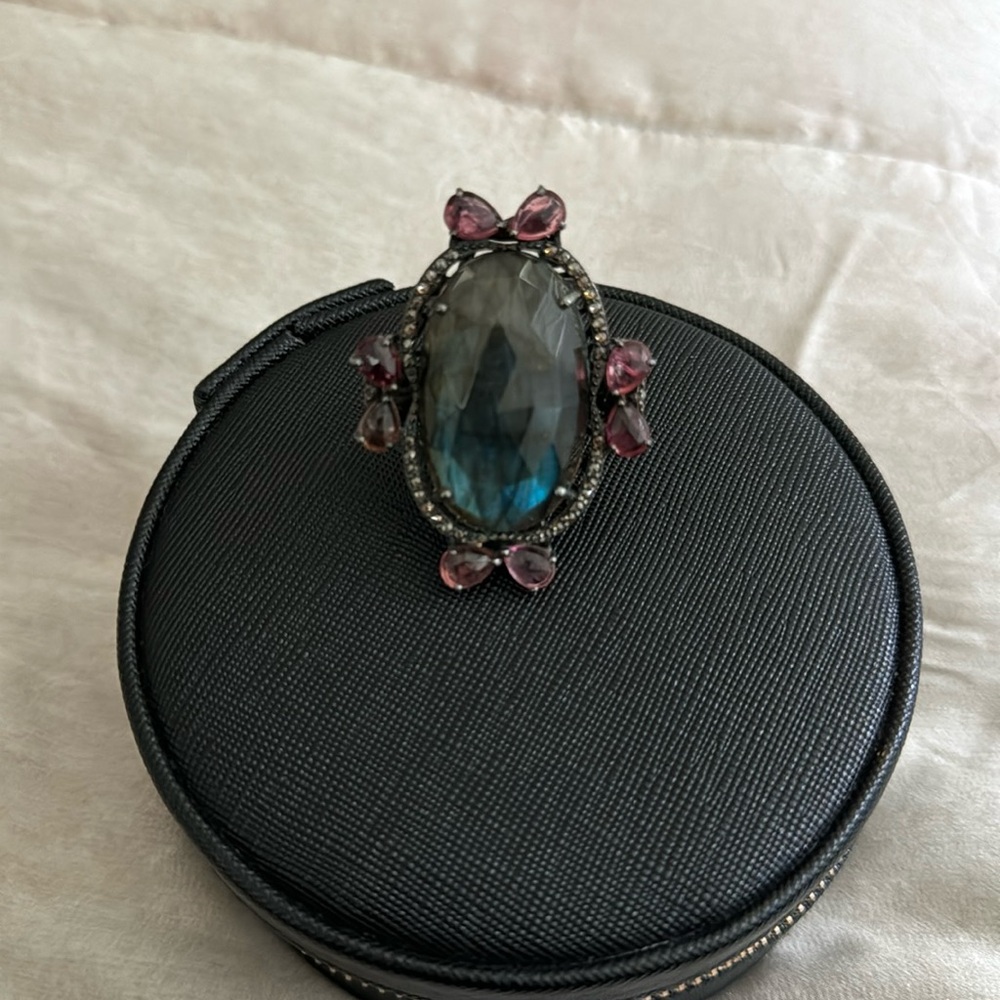Large Labradorite ring. Sterling silver and Labradorite/Amethyst gemstones. Sz 8